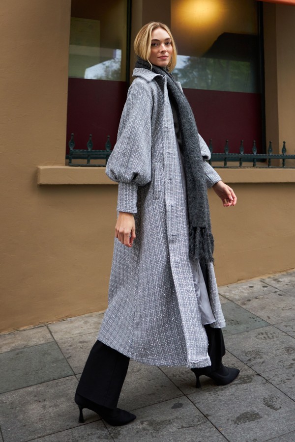 Balon Kol Kuşaklı Kaban - Gri