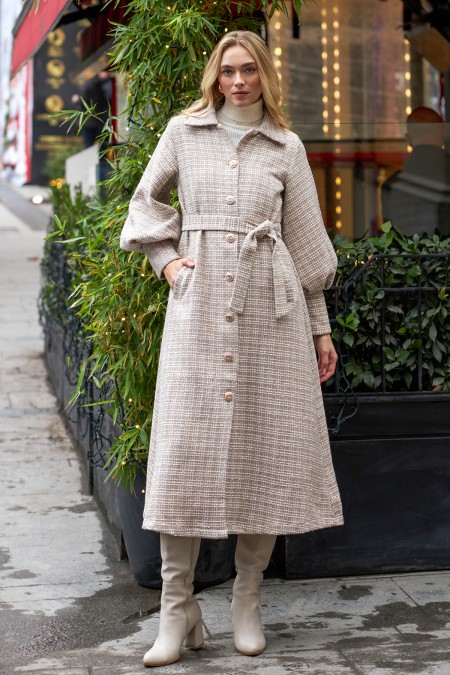 Balon Kol Kuşaklı Kaban - Bej