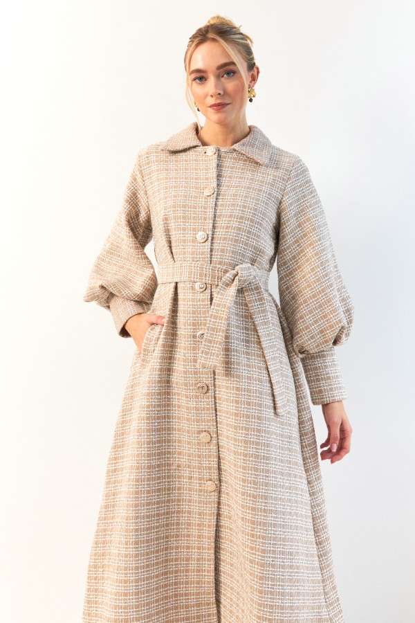 Balon Kol Kuşaklı Kaban - Bej