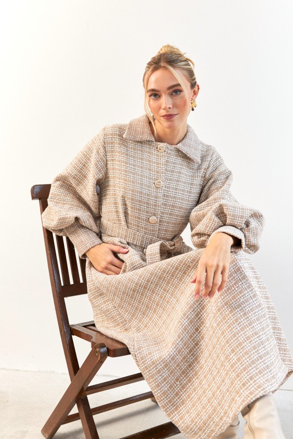 Balon Kol Kuşaklı Kaban - Bej