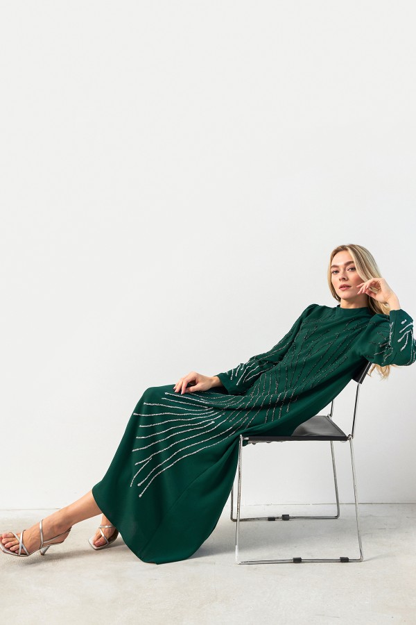 Nara Stone Embroidered Evening Dress - Emerald