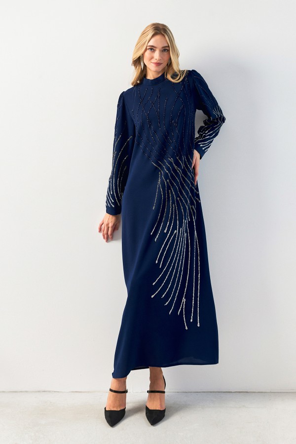 Nara Taş İşlemeli Abiye - İndigo