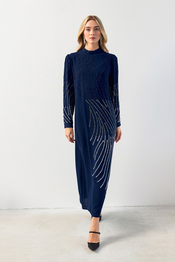 Nara Taş İşlemeli Abiye - İndigo