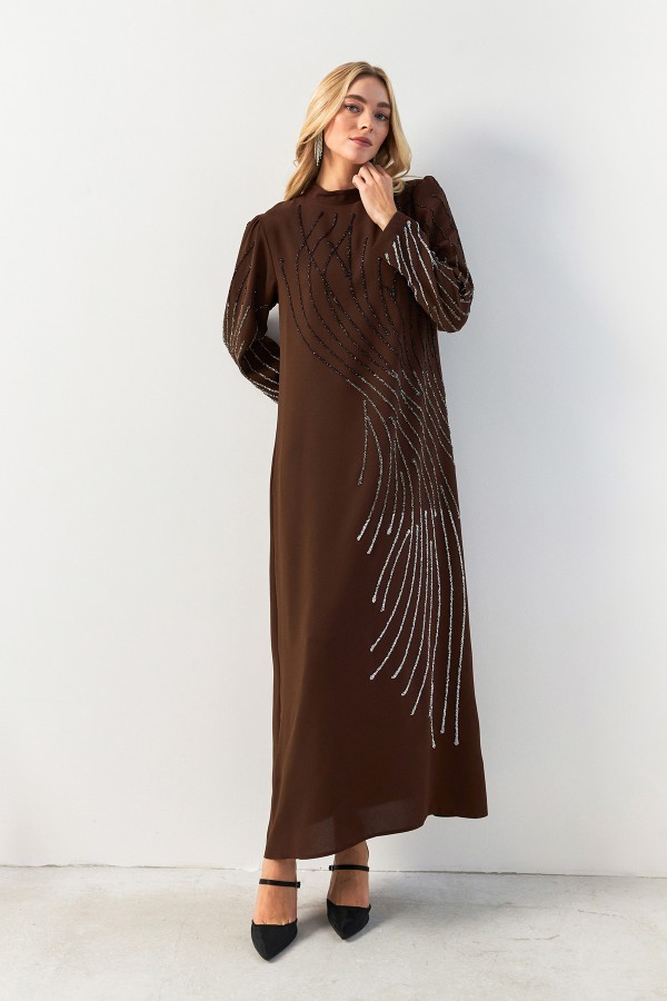 Nara Taş İşlemeli Abiye - Kahve