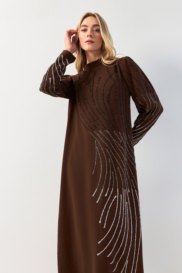 Nara Taş İşlemeli Abiye - Kahve