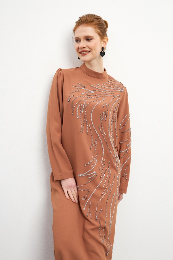 Zeren Taş İşlemeli Abiye - Camel