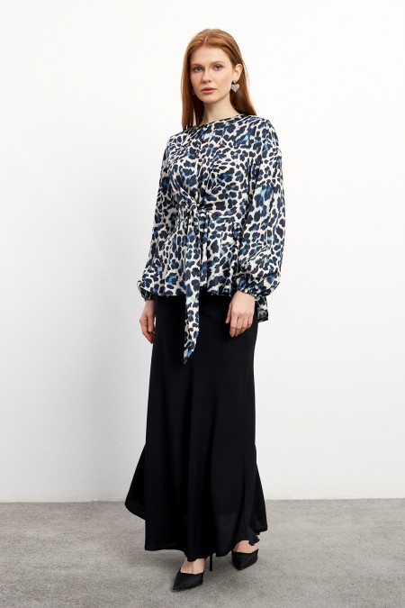 Leopar Desenli Bluz Etek Takım - İndigo Leopar Desenli Bluz Etek Takım - İndigo