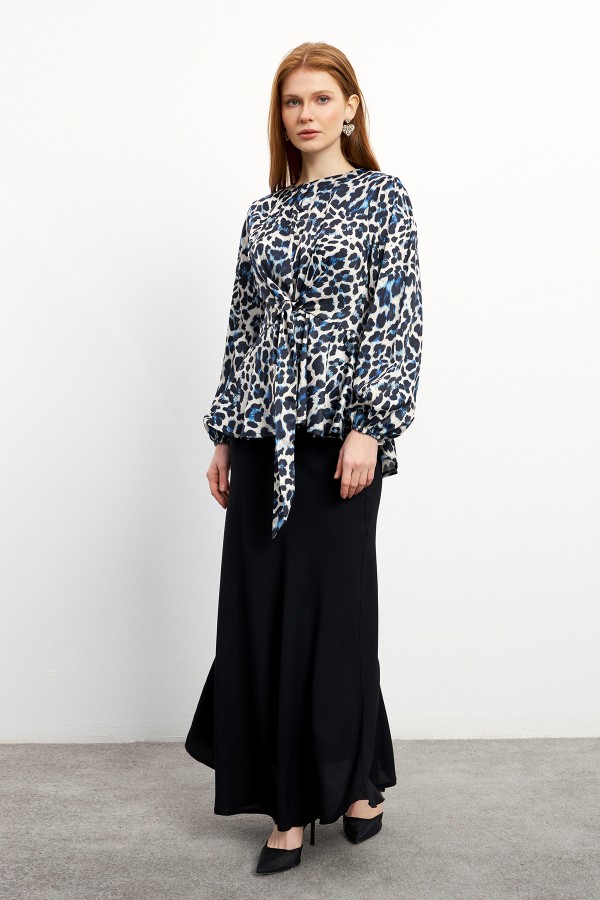 Leopard Patterned Blouse Skirt Set - Indigo
