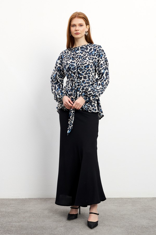 Leopard Patterned Blouse Skirt Set - Indigo