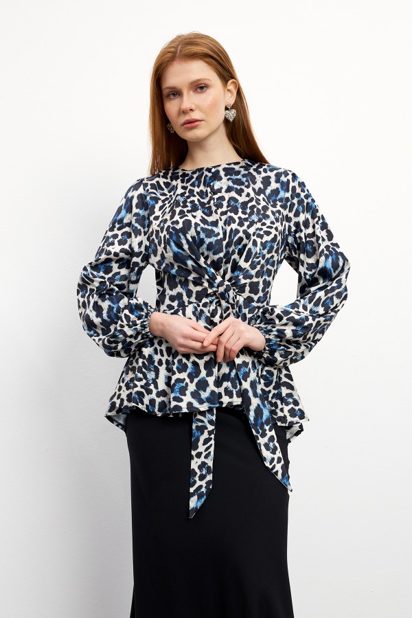 Leopard Patterned Blouse Skirt Set - Indigo