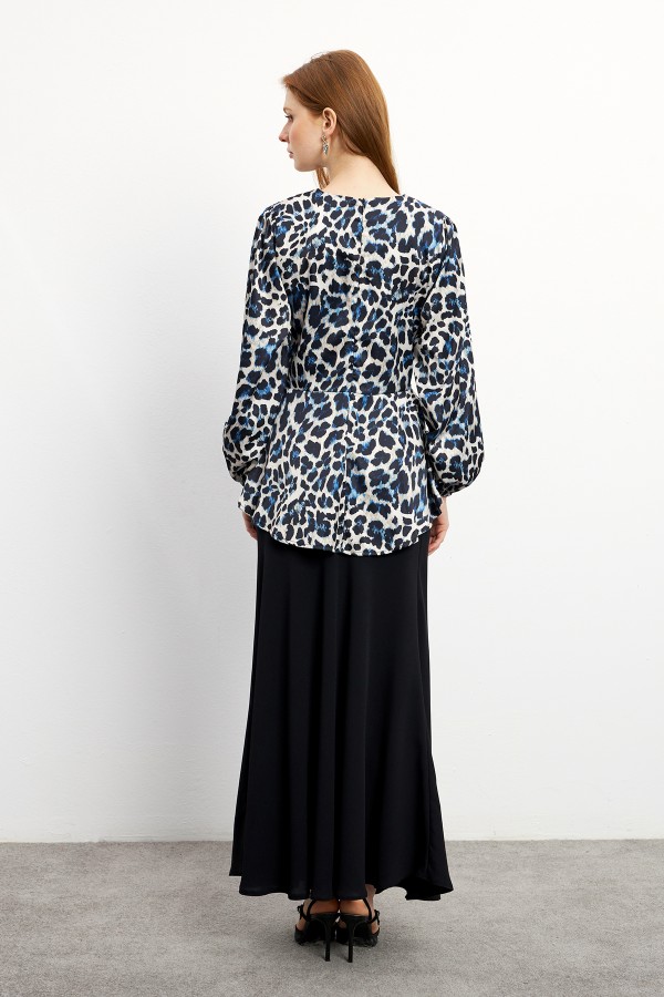 Leopard Patterned Blouse Skirt Set - Indigo