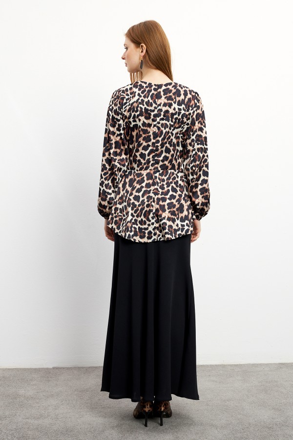 Leopard Patterned Blouse Skirt Set - Brown