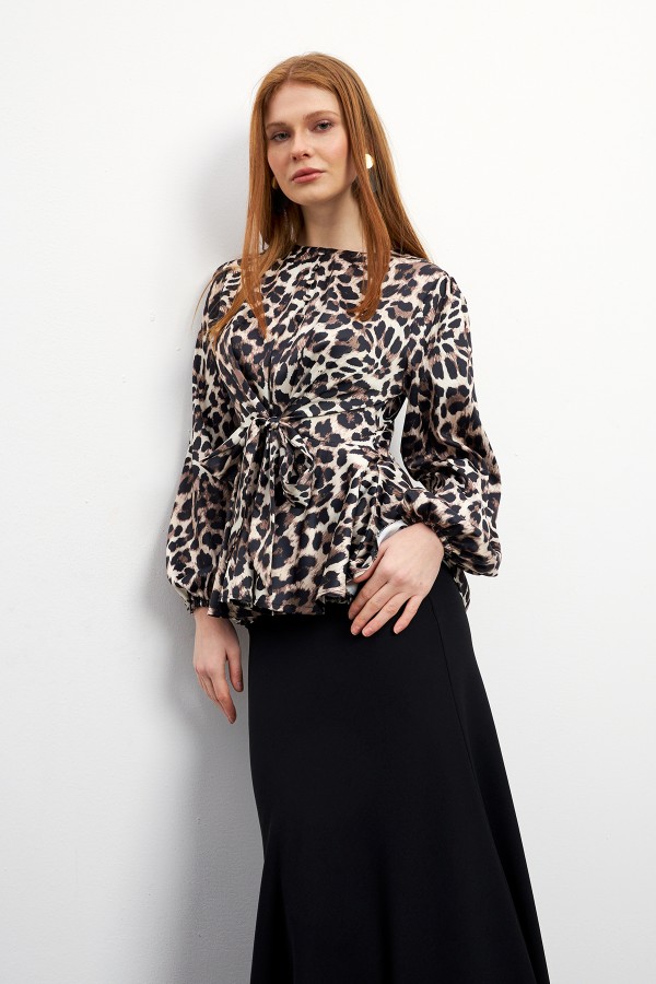 Leopar Desenli Bluz Etek Takım - Vizon
