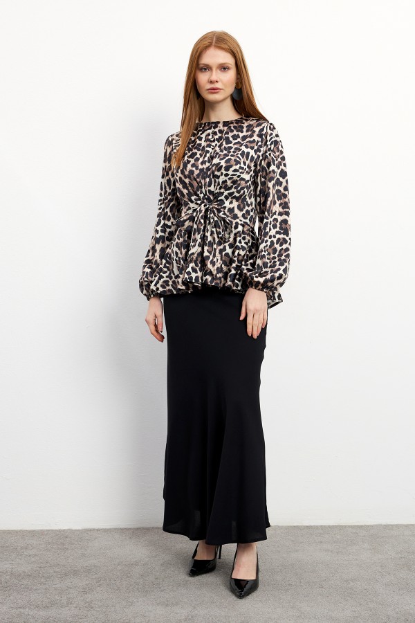 Leopar Desenli Bluz Etek Takım - Vizon