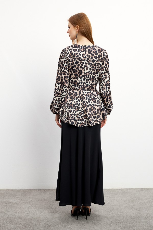Leopar Desenli Bluz Etek Takım - Vizon