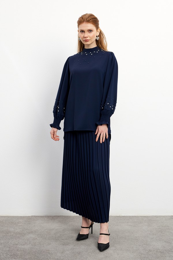 Valeria Skirt Blouse Set - Navy Blue