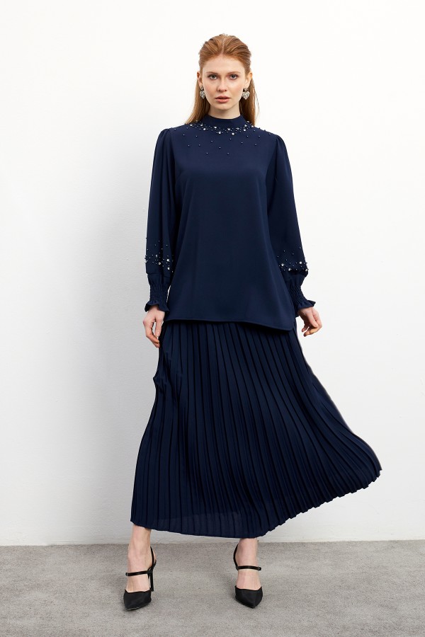 Valeria Skirt Blouse Set - Navy Blue