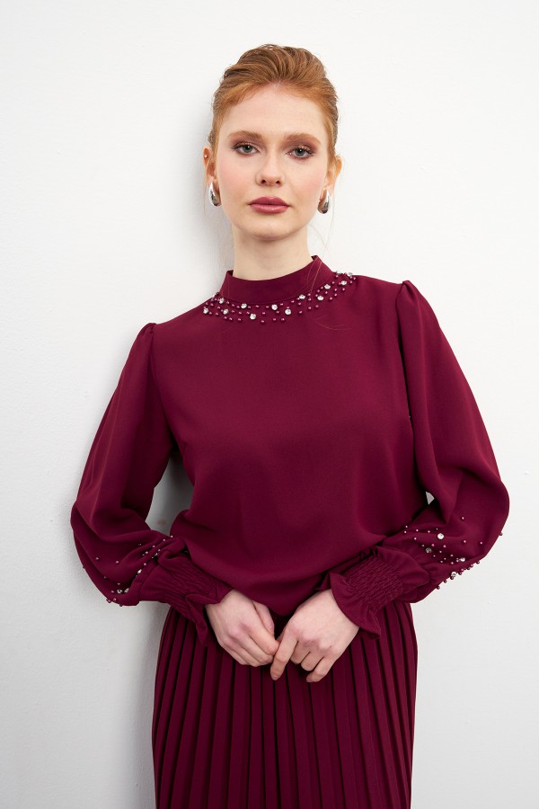 Valeria Skirt Blouse Set - Claret Red