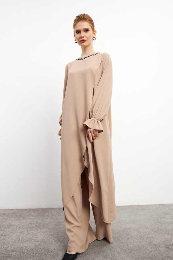 Asimetrik Kesim Tunik Pantolon Takım - Bej