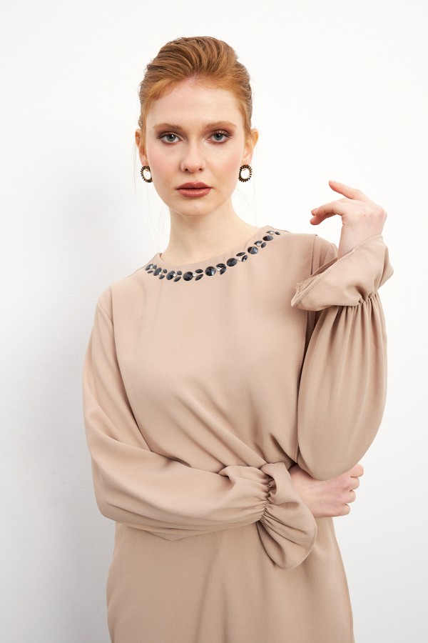 Asimetrik Kesim Tunik Pantolon Takım - Bej