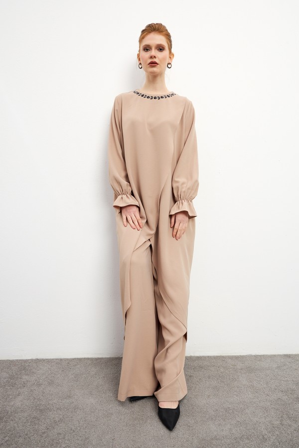 Asimetrik Kesim Tunik Pantolon Takım - Bej