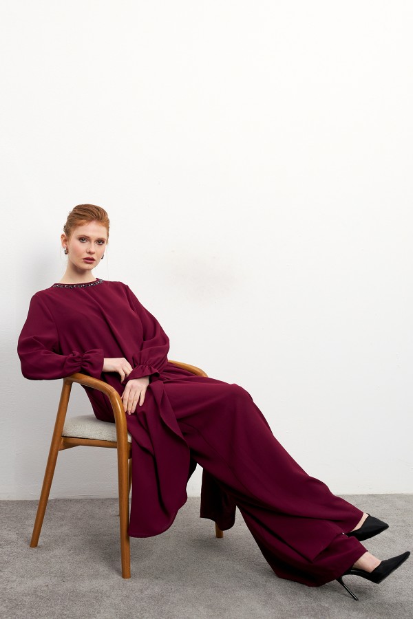 Asimetrik Kesim Tunik Pantolon Takım - Bordo