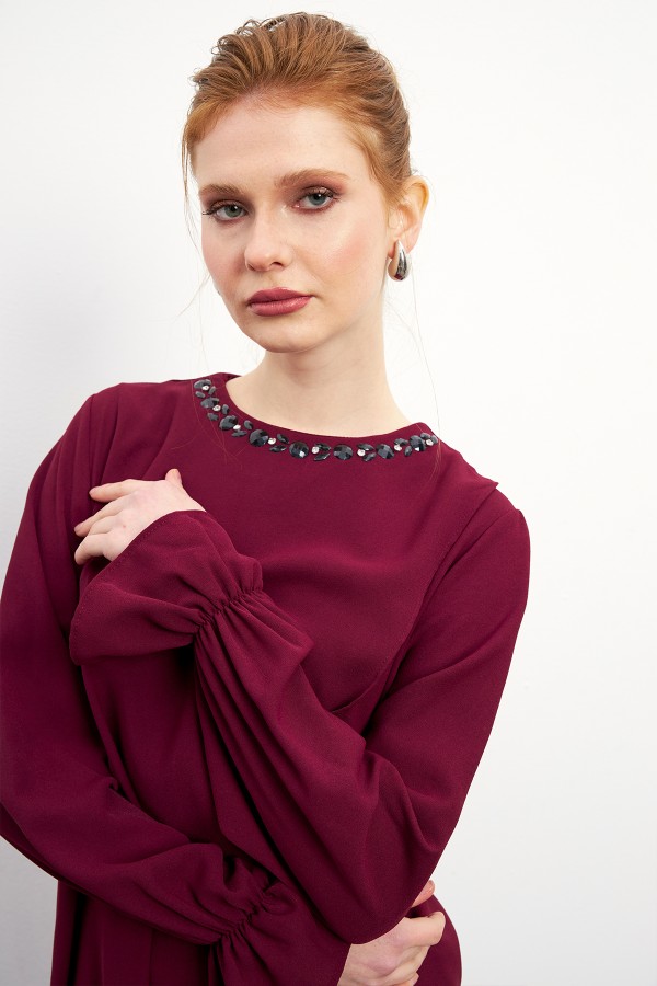 Asimetrik Kesim Tunik Pantolon Takım - Bordo