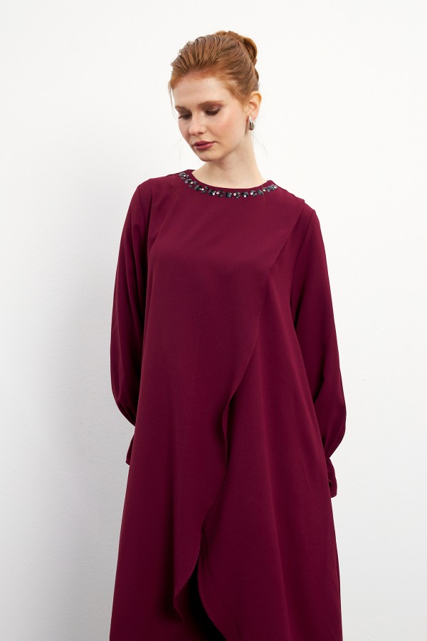 Asimetrik Kesim Tunik Pantolon Takım - Bordo