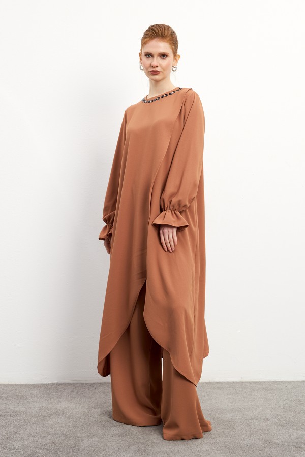 Asimetrik Kesim Tunik Pantolon Takım - Camel