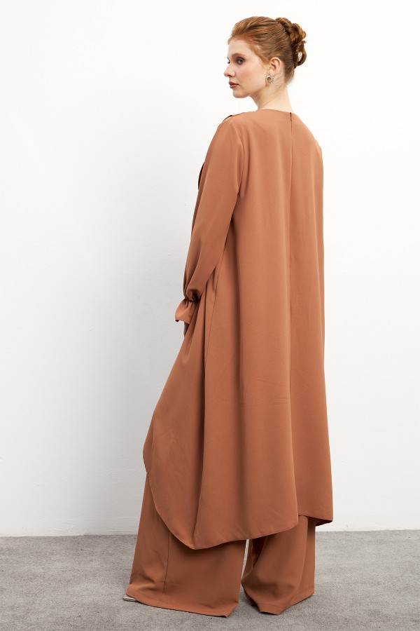 Asimetrik Kesim Tunik Pantolon Takım - Camel