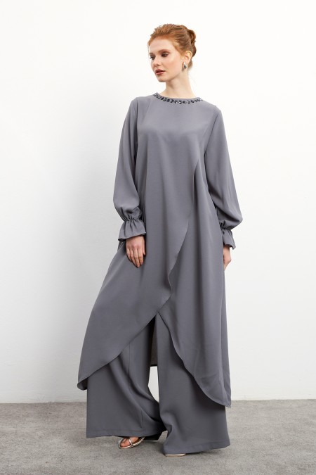 Asimetrik Kesim Tunik Pantolon Takım - Gri Asimetrik Kesim Tunik Pantolon Takım - Gri