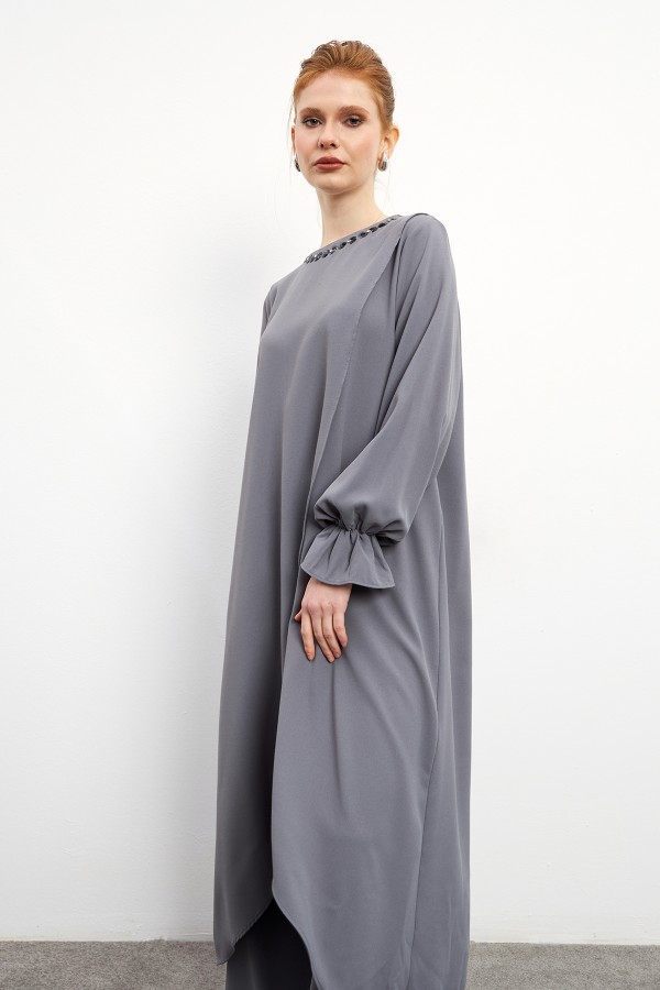 Asymmetrical Cut Tunic Trouser Set - Gray