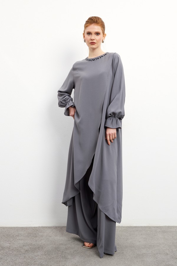 Asymmetrical Cut Tunic Trouser Set - Gray