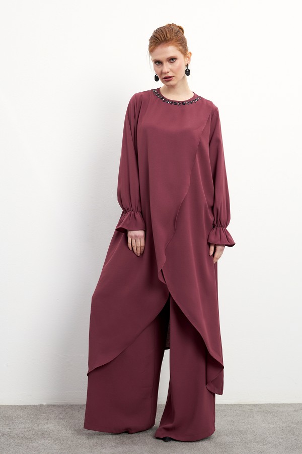 Asimetrik Kesim Tunik Pantolon Takım - Gül Kurusu