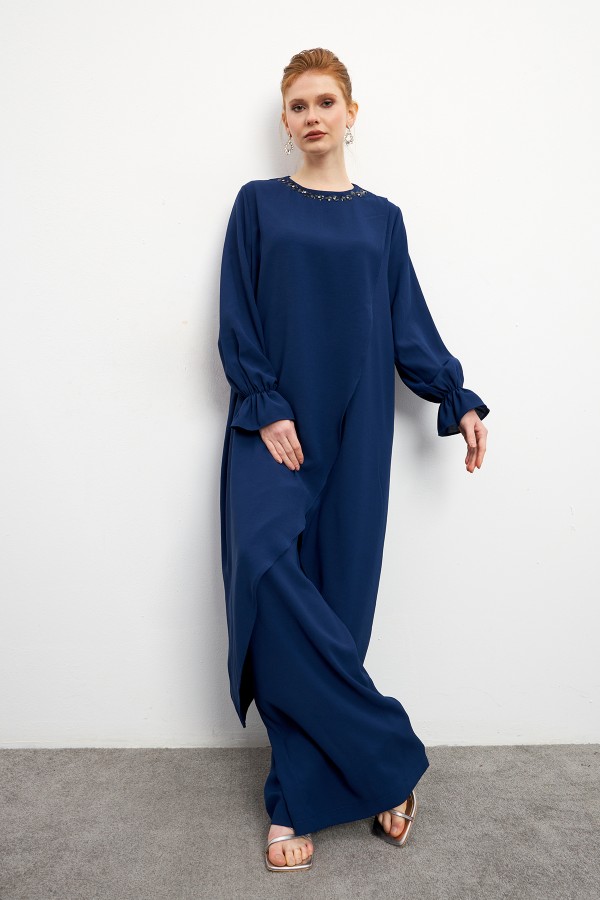 Asimetrik Kesim Tunik Pantolon Takım - İndigo