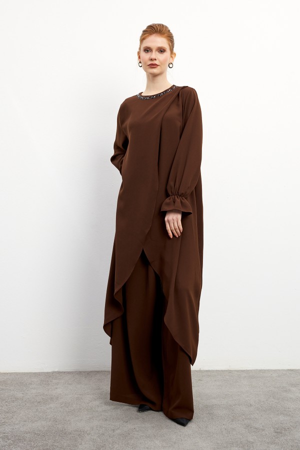 Asimetrik Kesim Tunik Pantolon Takım - Kahve