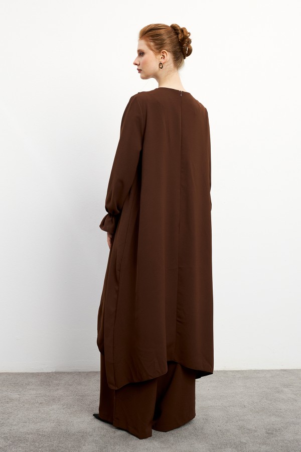Asimetrik Kesim Tunik Pantolon Takım - Kahve