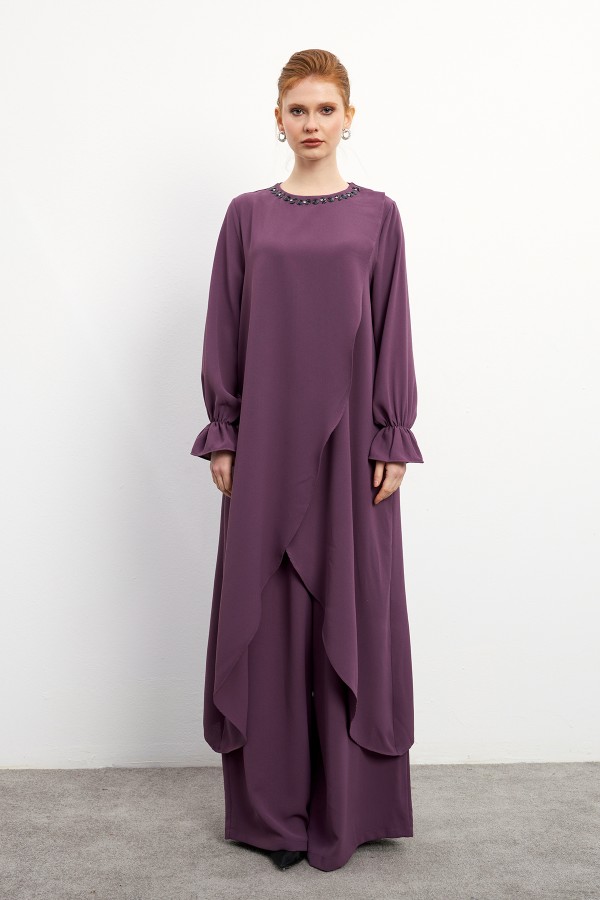 Asimetrik Kesim Tunik Pantolon Takım - Leylak