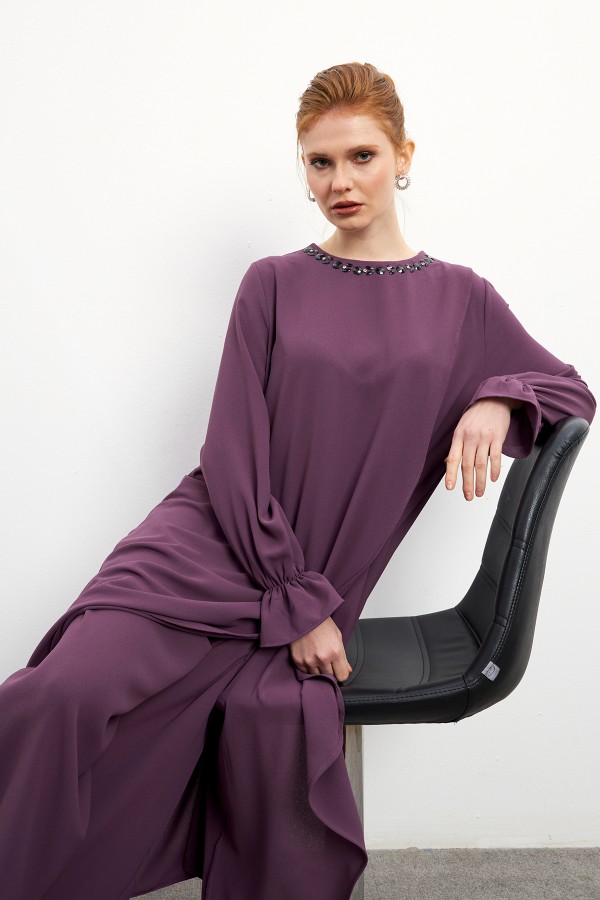 Asimetrik Kesim Tunik Pantolon Takım - Leylak