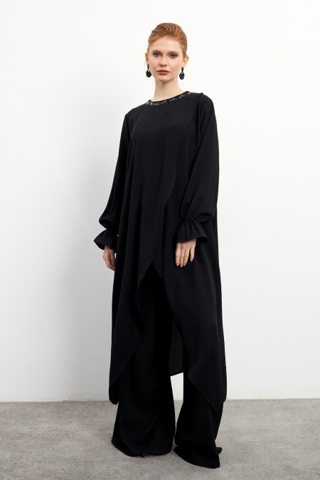 Asimetrik Kesim Tunik Pantolon Takım - Siyah Asimetrik Kesim Tunik Pantolon Takım - Siyah