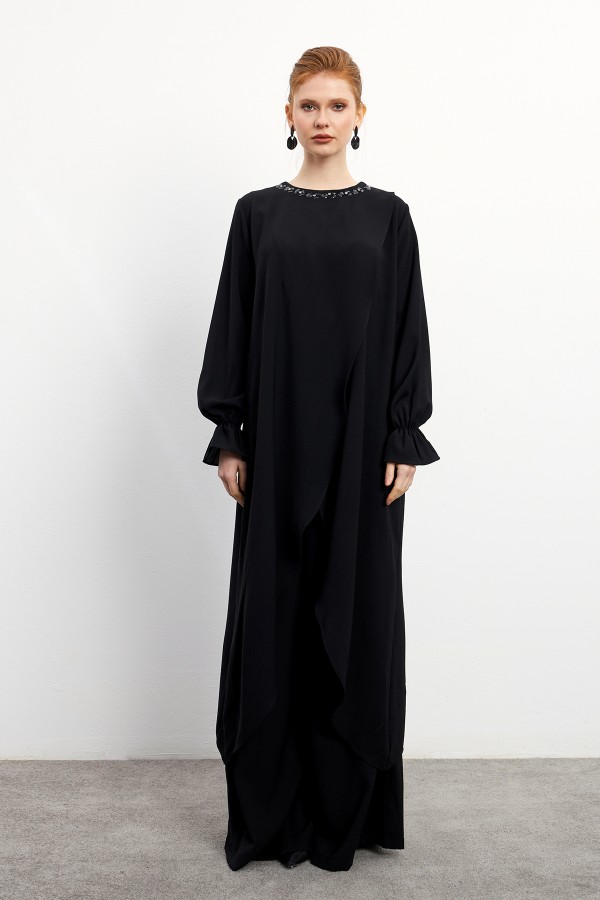 Asymmetrical Cut Tunic Trouser Set - Black