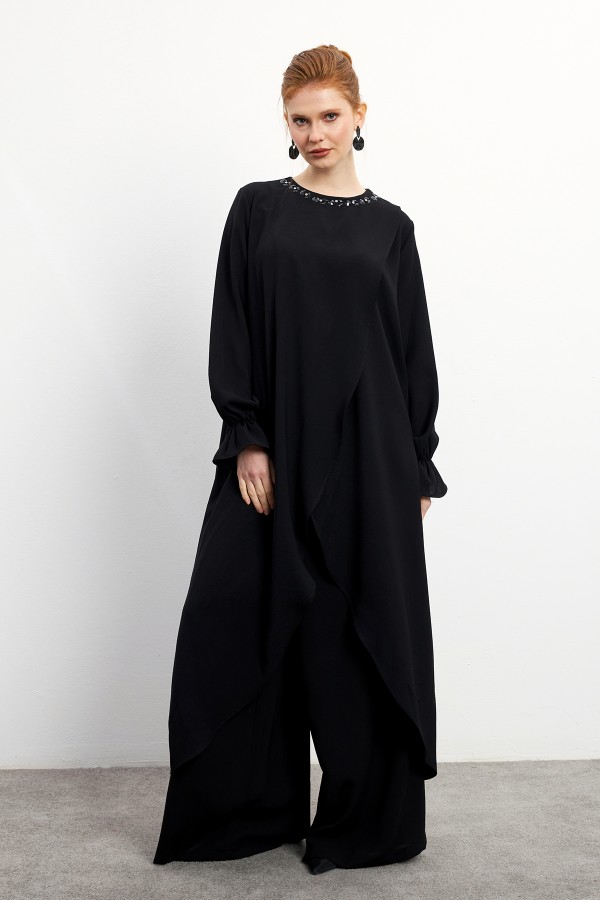 Asimetrik Kesim Tunik Pantolon Takım - Siyah