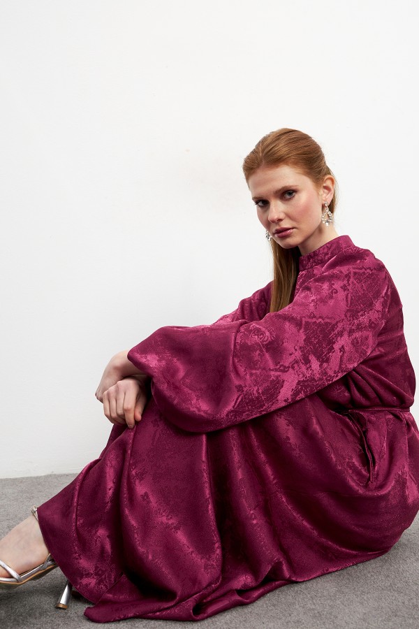 Rose Detailed Jacquard Dress - Claret Red