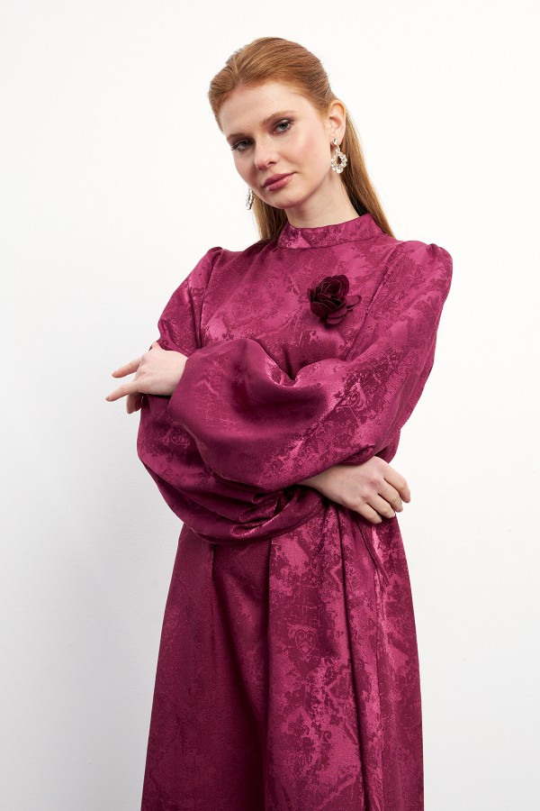 Gül Detaylı Jakar Elbise - Bordo