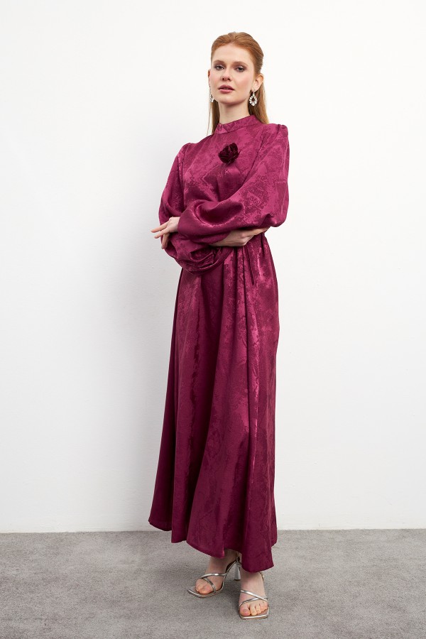Gül Detaylı Jakar Elbise - Bordo