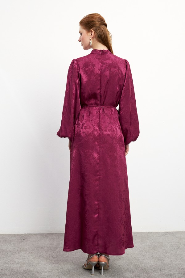 Gül Detaylı Jakar Elbise - Bordo