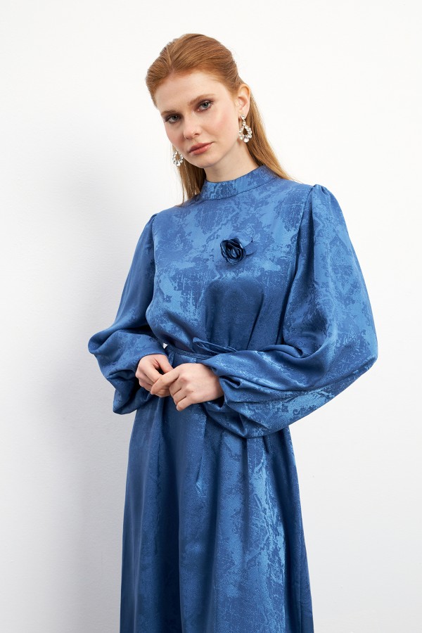 Jacquard Dress with Rose Details - Indigo