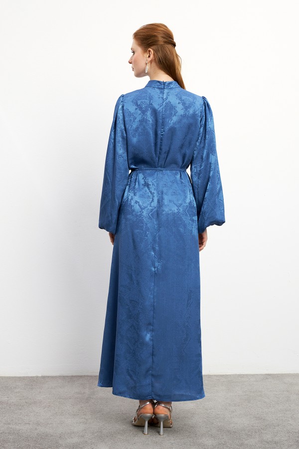 Gül Detaylı Jakar Elbise - İndigo