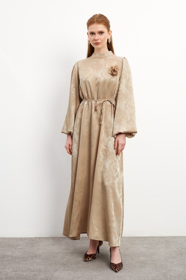 Jacquard Dress with Rose Details - Beige