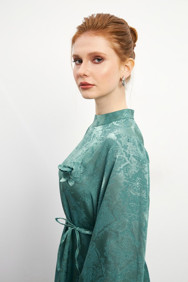 Gül Detaylı Jakar Elbise - Mint